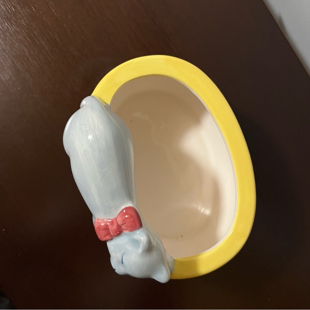Vintage Sleepy Grey Cat Red Bow Ceramic Yellow Dish Trinket Bowl Planter - Picture 6 of 8